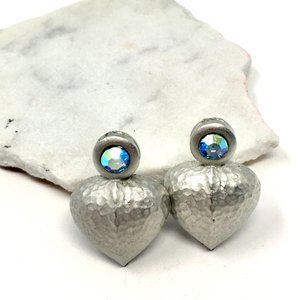 Hammered Silver Tone Steel Heart and Iridescent Rhinestone Clip On Earrings